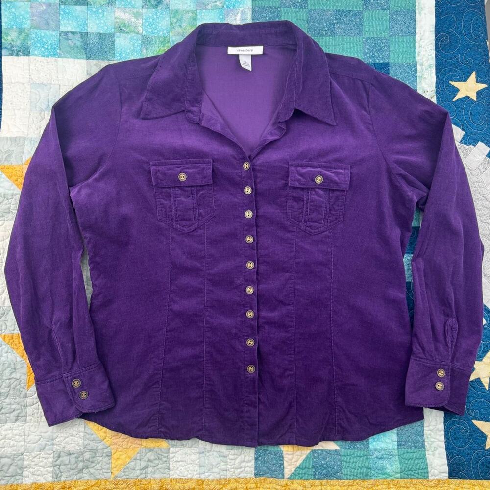 Dressbarn Dark Purple Corduroy Long Sleeve V-Neck Collared Shirt Gold Buttons